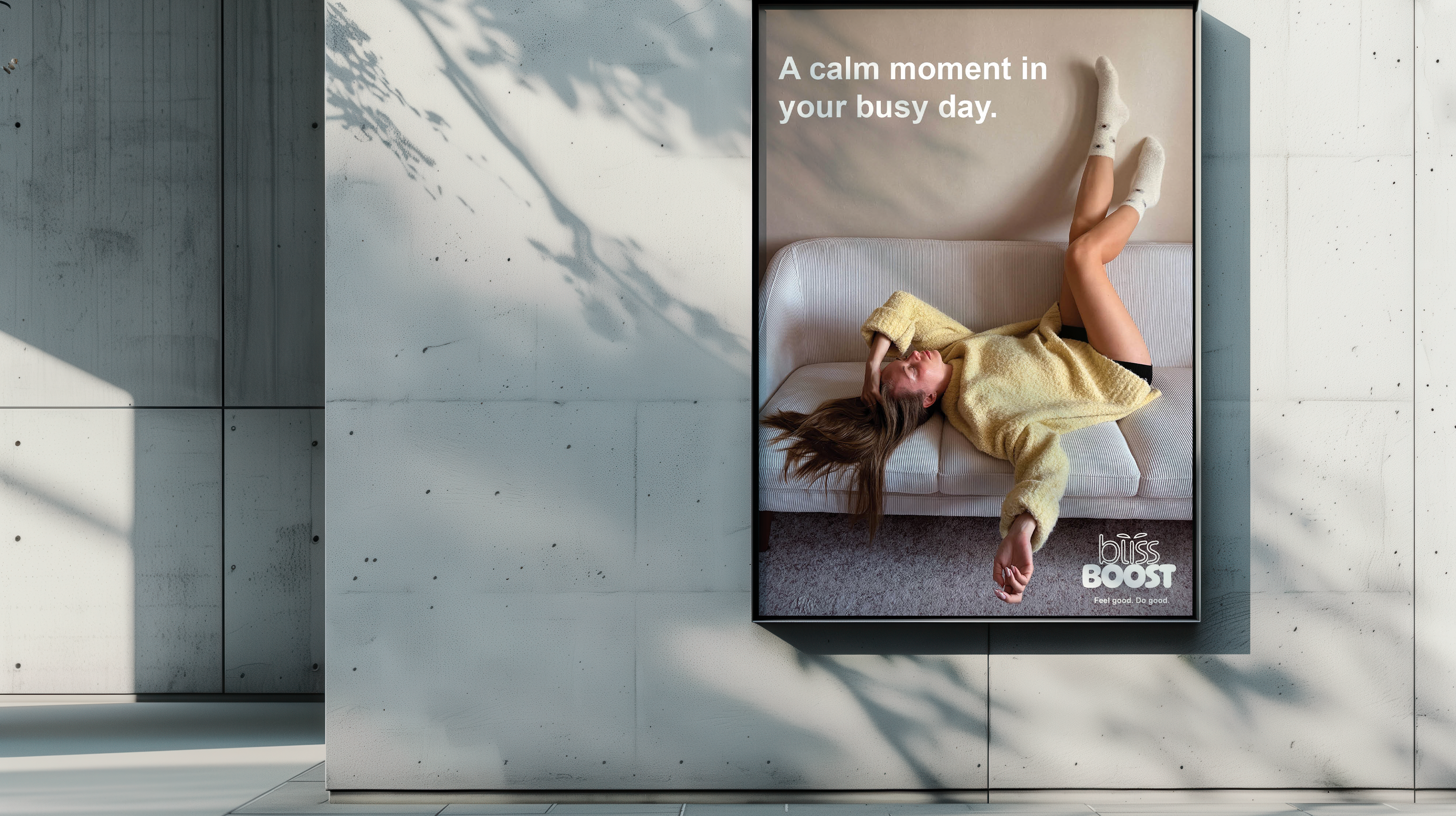 Bliss Boost advertising poster in an outdoor setting